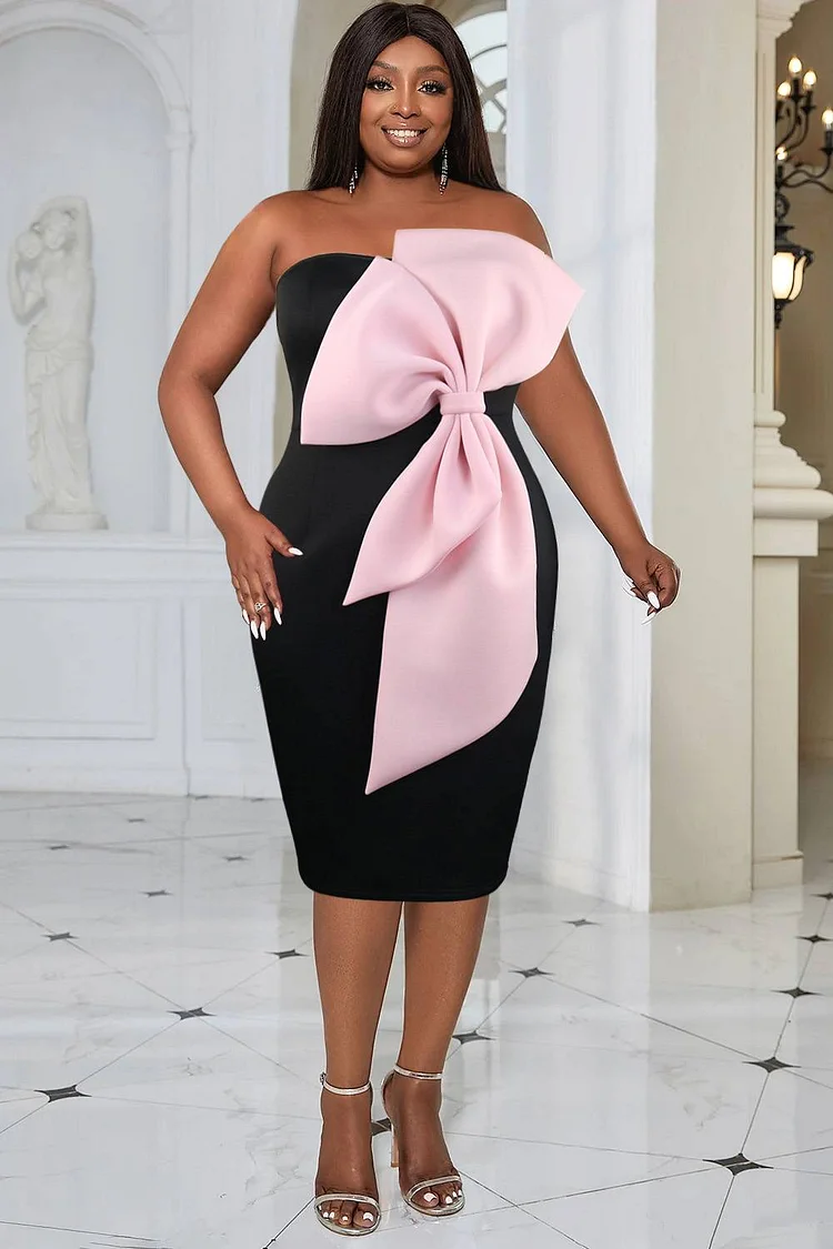 Xpluswear Design Plus Size Homecoming Dress Pink Off Shoulder Bow Colorblock Strapless Midi Dress