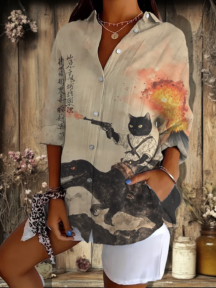 Women's Retro Calligraphy Cat Dinosaur Volcanic Eruption Printed Long Sleeve Shirt