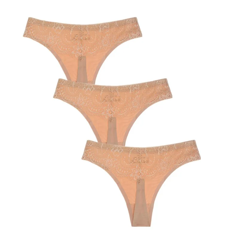 3Pcs/Lot Sexy Women G-string Thongs Lace Floral Sheer Low Waist Underwear Soft Lingerie Ice Silk Briefs Seamless Panties Soft