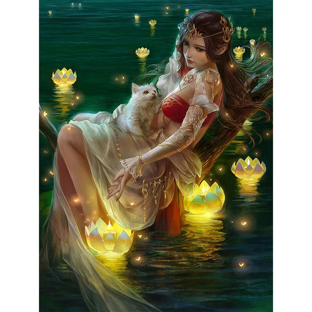 

30*40CM - Round Drill Diamond Painting - Latern Girl, 501 Original