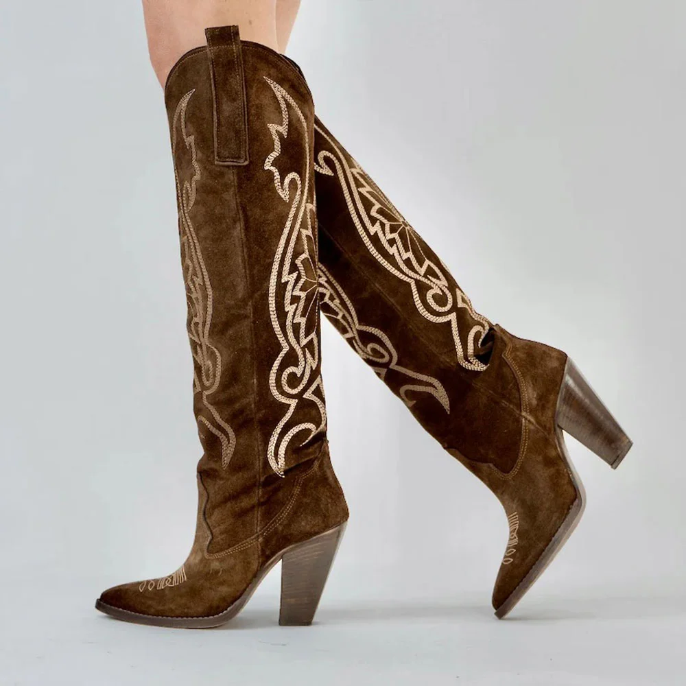 Vegan Suede Pointed Toe Embroidered Knee-High Brown Cowboy Boots