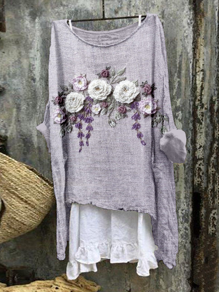 Elegant Flower Embroidered Linen Blend Tunic artswardrobe