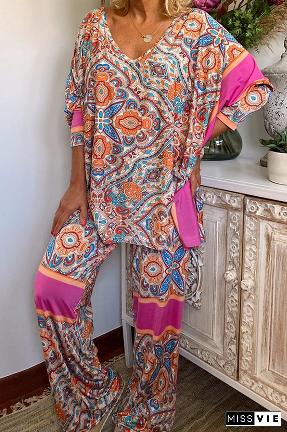 Vintage Ethnic Print V-Neck Two Pieces Sets