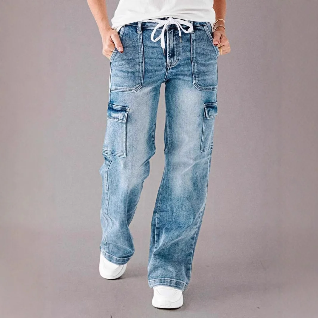 Women's 2025 Straight Jeans Casual Lace-up Multi Pocket Hip Hop Street Style Jeans
