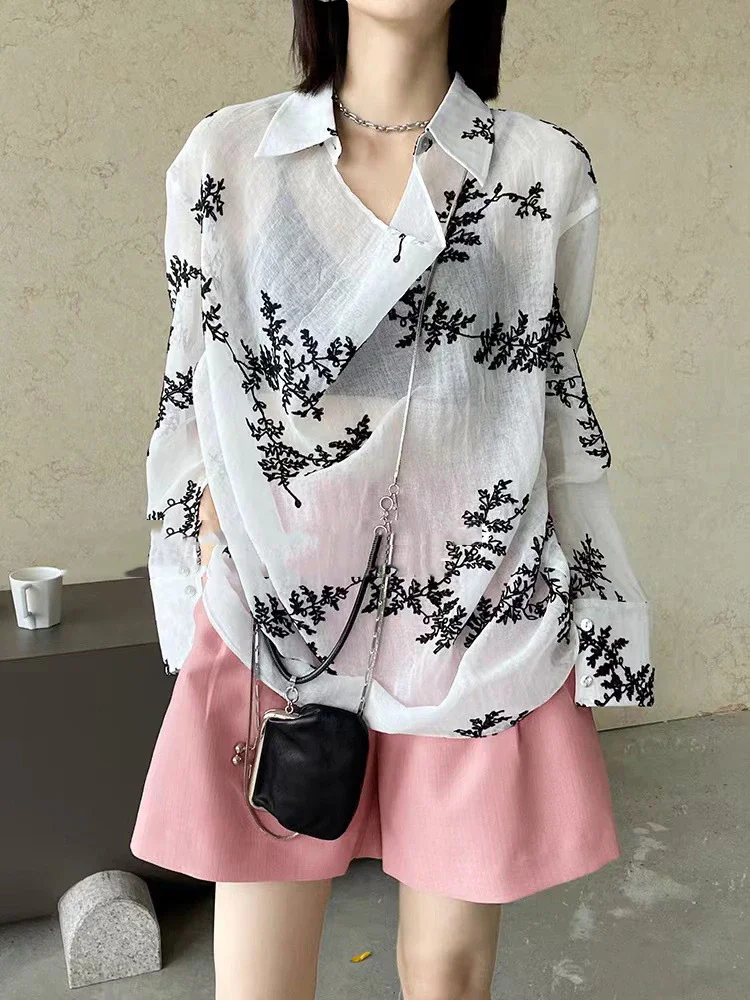 Vintage Loose Lapel Perspective Jacquard Embroidery Long Sleeve Shirt 