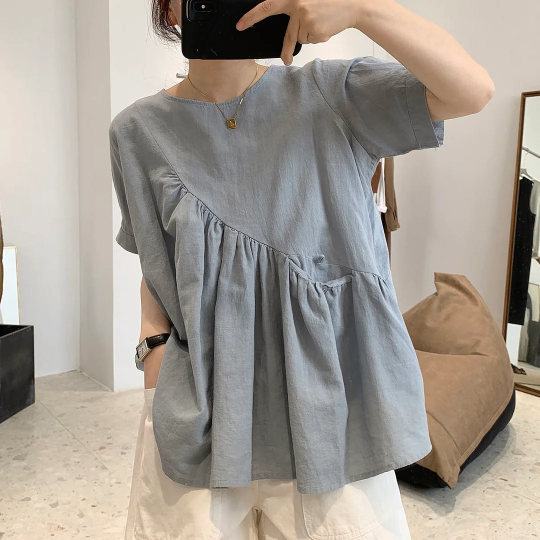 Shirts Women O-neck Short Sleeve Pockets Asymmetrical Loose Solid Simple All-match Korean Style Daily Ladies A-line Female Tops