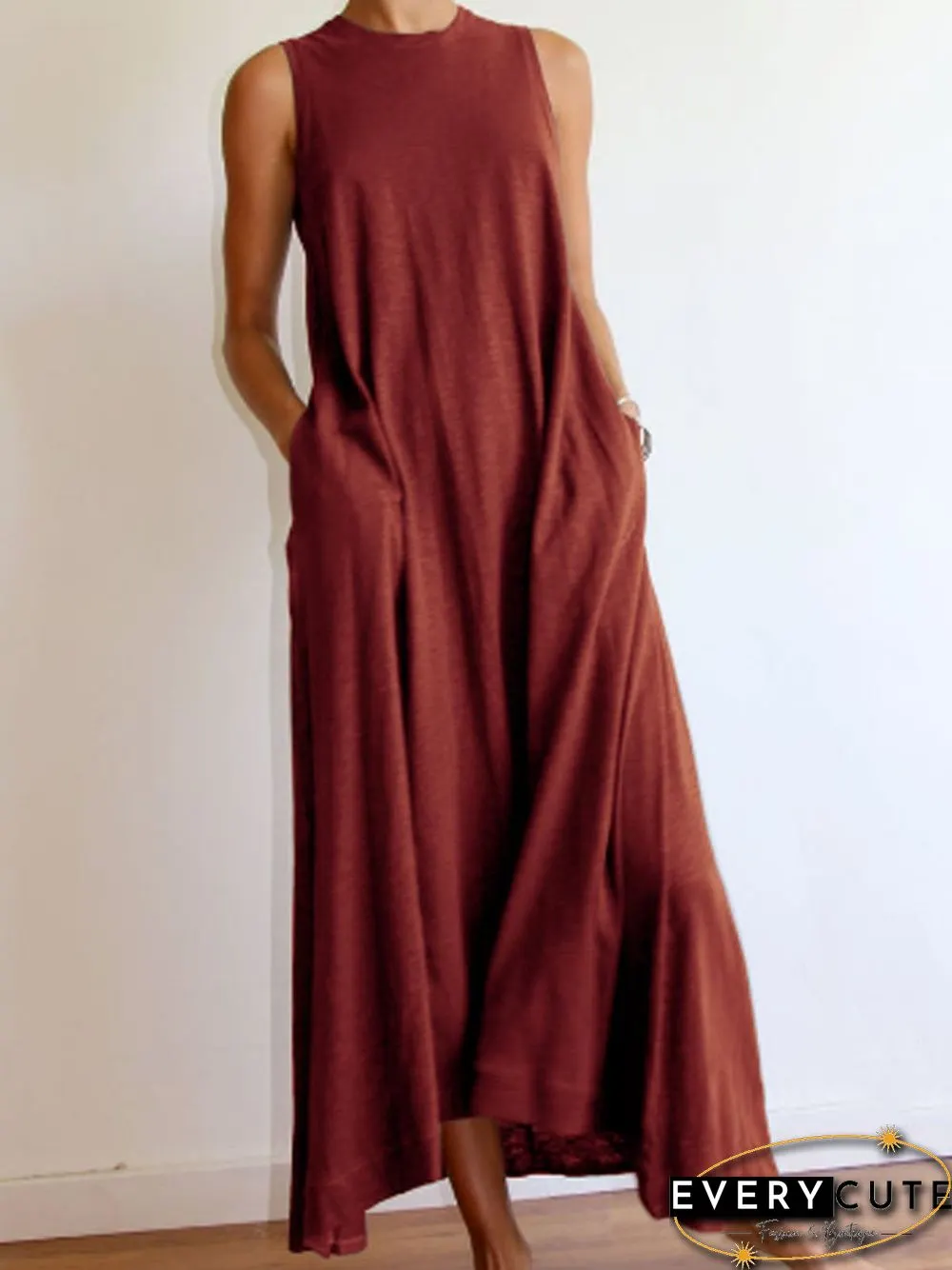 Cotton-Blend Solid Sleeveless Crew Neck Casualdress