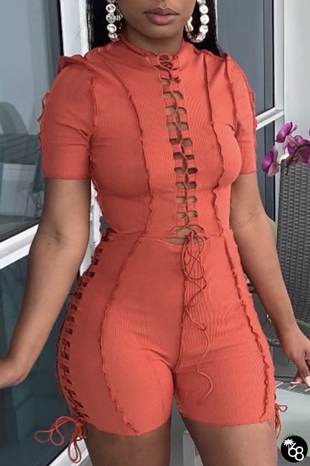 Tangerine Red Sexy Solid Hollowed Out Half A Turtleneck Skinny Rompers | 168DEAL