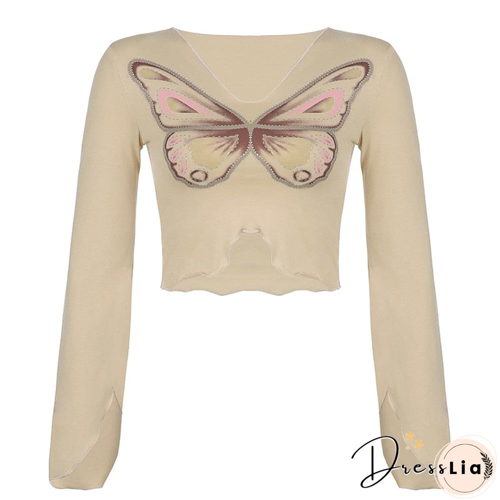 Fairycore Vintage Butterfly Printed Rhinestone Women T-shirts Fashion Cute Top Asymmetric Autumn Tshirt Tee Aesthetic