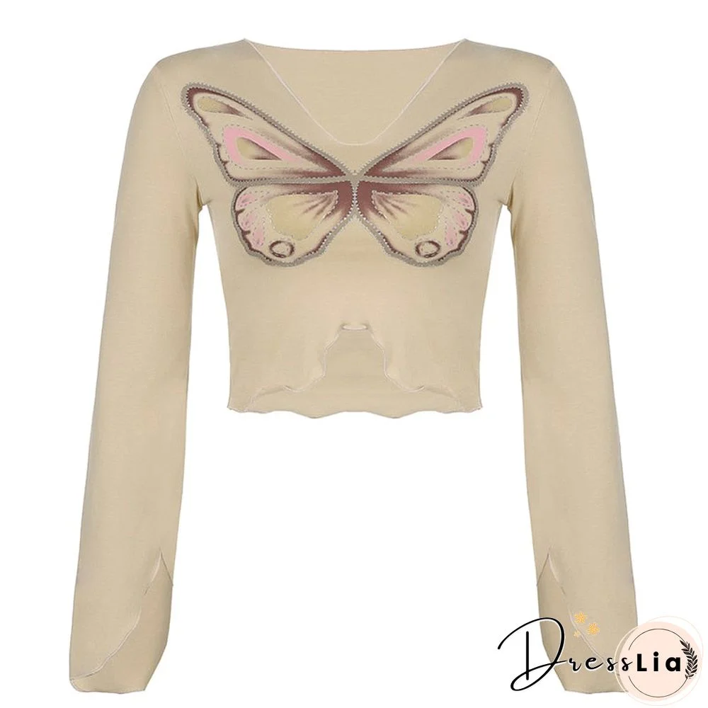 Fairycore Vintage Butterfly Printed Rhinestone Women T-shirts Fashion Cute Top Asymmetric Autumn Tshirt Tee Aesthetic