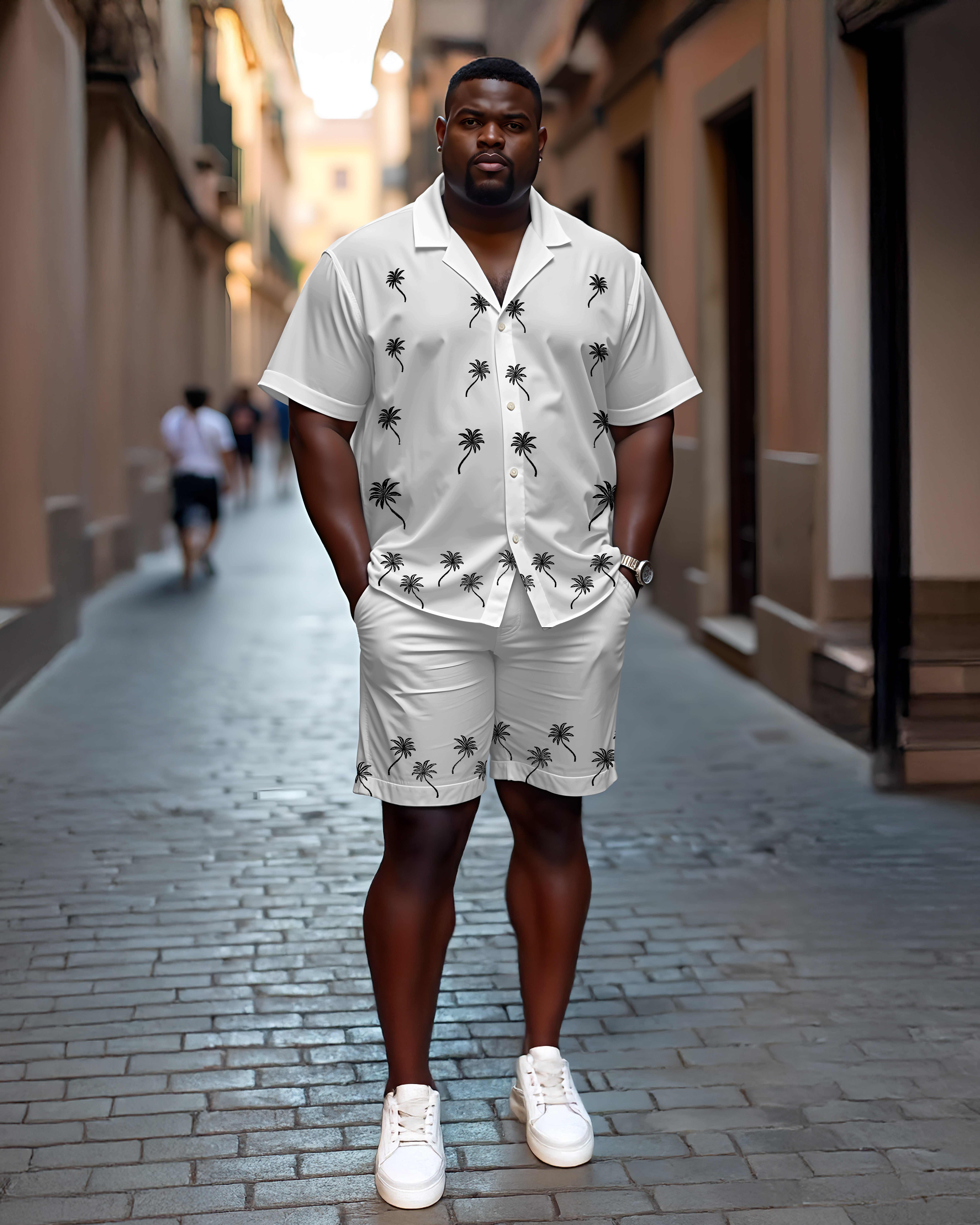 Men's Plus Size Hawaiian White Coconut Casual Cuban Collar Short Sleeve Shirt Shorts Suit