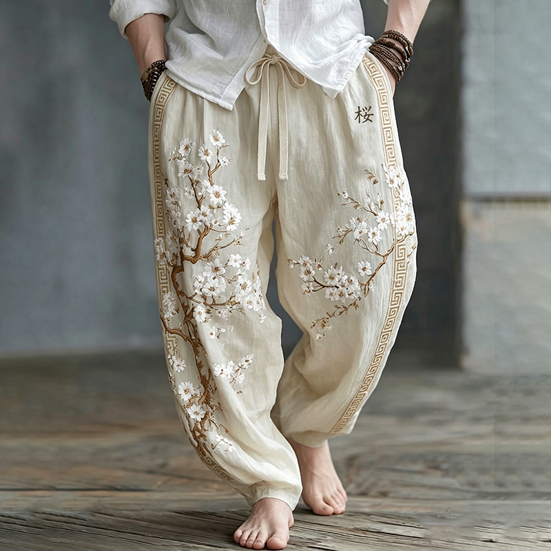 Men's Japanese Style White Almond Blossom Art Cotton Linen Vintage Pants elevenforest
