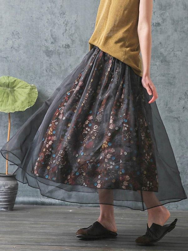 Vintage Floral A-Line Bubble Gauze Splicing Skirt