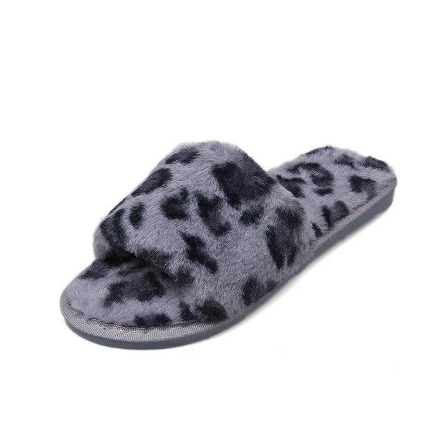 Thick Winter Women House Slippers Faux Fur Fashion Warm Shoes Woman Slip on Flats Female Slides Leopard Cozy Home Furry Slippers