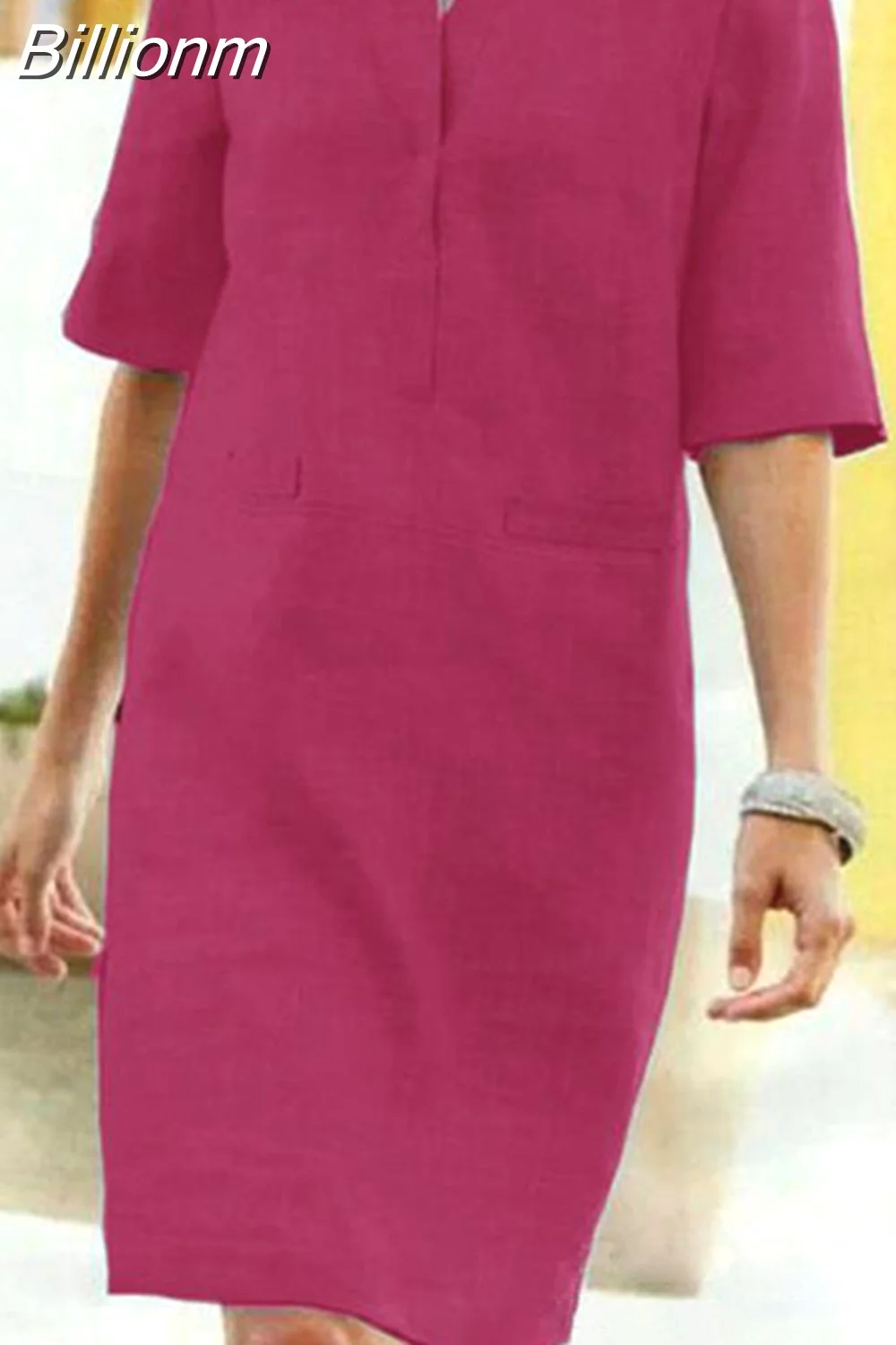 Billionm Color Button O Neck Cotton Linen Summer Dress Women Vintage Short Sleeve Pocket Knee Dress Casual Loose Plus Size Dresses