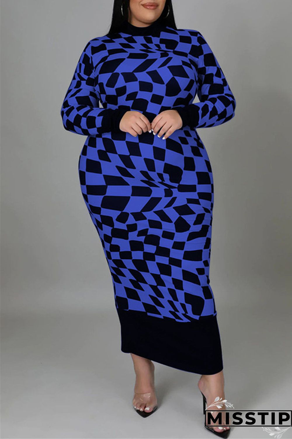 Yellow Casual Plaid Print Patchwork Half A Turtleneck Long Sleeve Plus Size Dresses