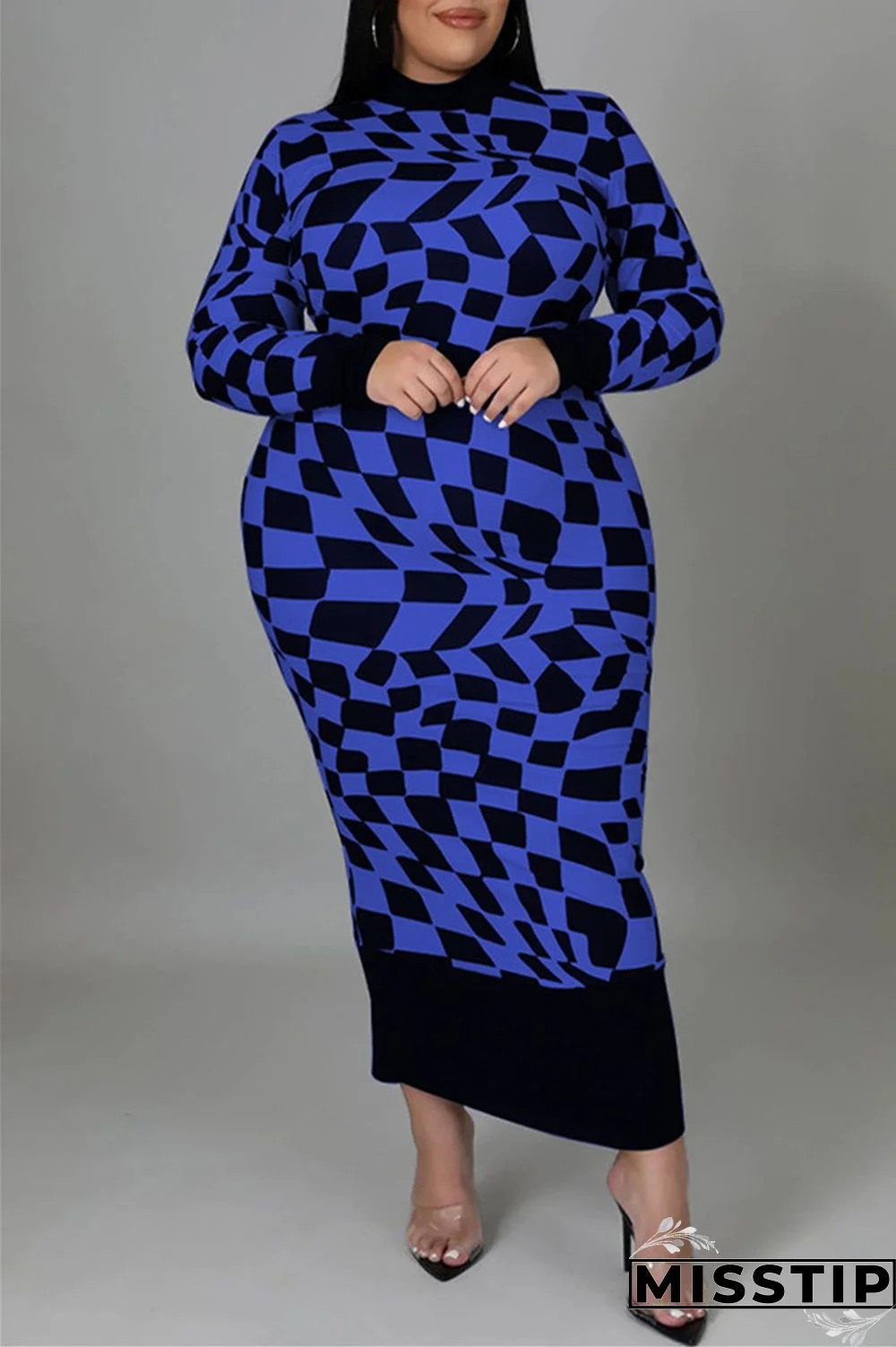 Yellow Casual Plaid Print Patchwork Half A Turtleneck Long Sleeve Plus Size Dresses