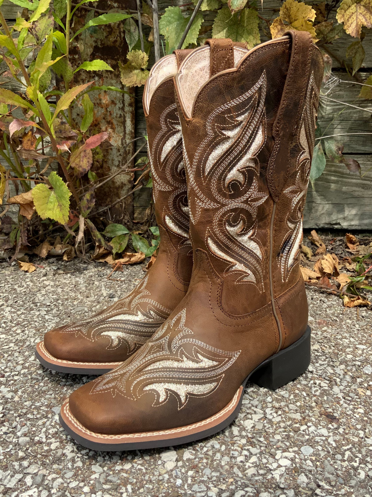 Taafo Brown Square-Toe Inlay With Glitter Embroidery Wide Mid Calf Cowgirl Boots