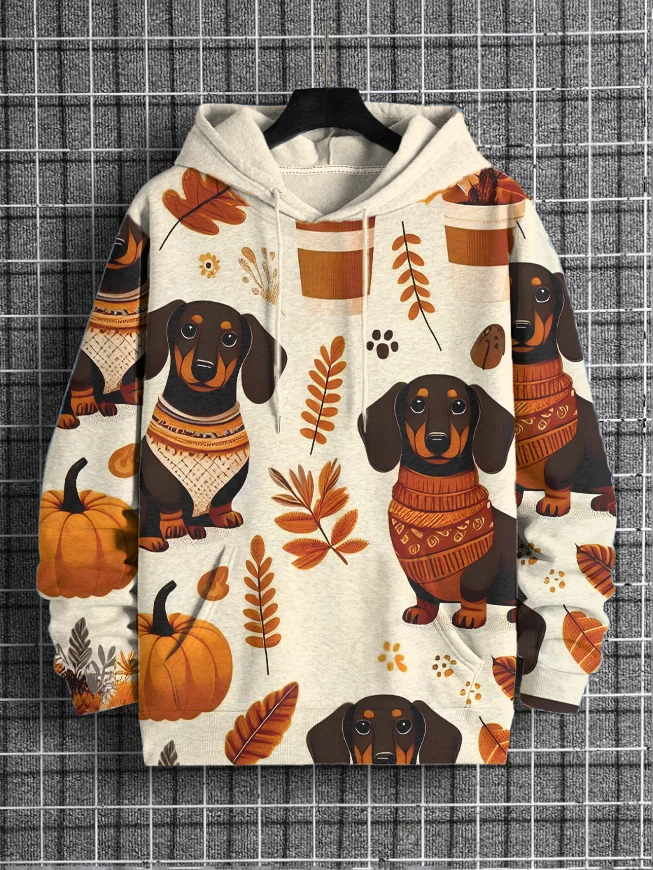 Men's Dachshund Pumpkin Coffee Graphic Print Casual Hoodie