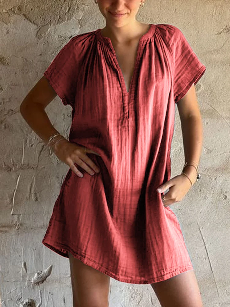 Women's Casual Short-sleeved V-neck Regular Pleated Multi-color Straight Dress