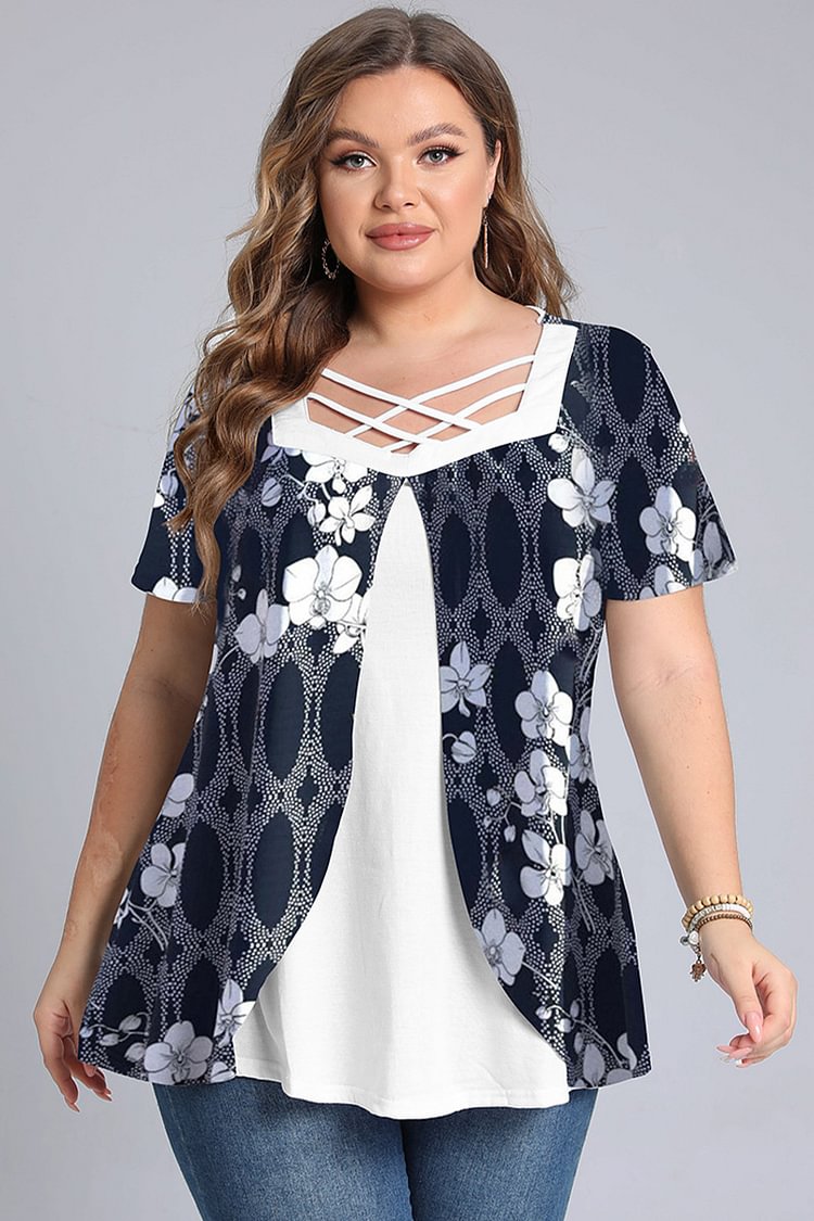 Plus Size Floral Print Cross Strap Short Sleeve Faux Two Piece Blouses  Flycurvy [product_label]