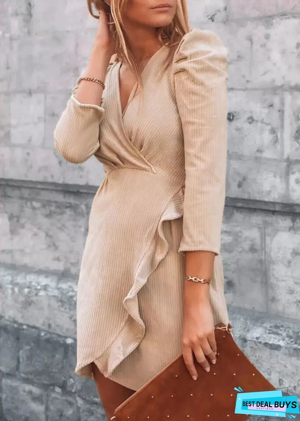 Popular Solid V-Neck Long Sleeve Ruffle Dress For Women
