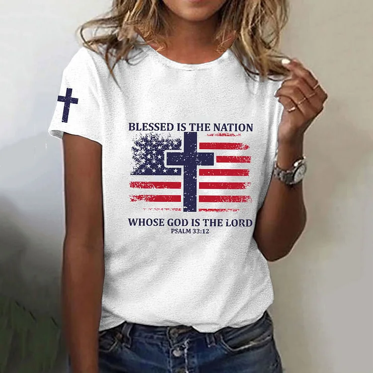 Comstylish Women's Blessed Nation Psalm 33:22 4th of July Printed Casual T-Shirt