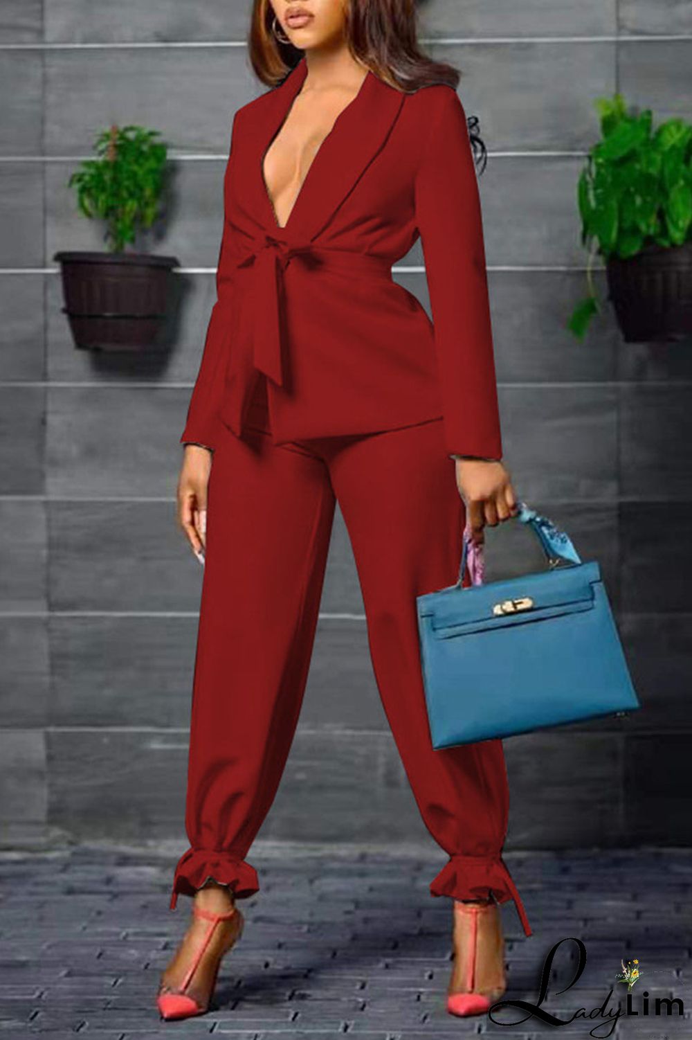 Brown Red Casual Work Solid Patchwork Turn-back Collar Long Sleeve Two Pieces(Contain The Belt)