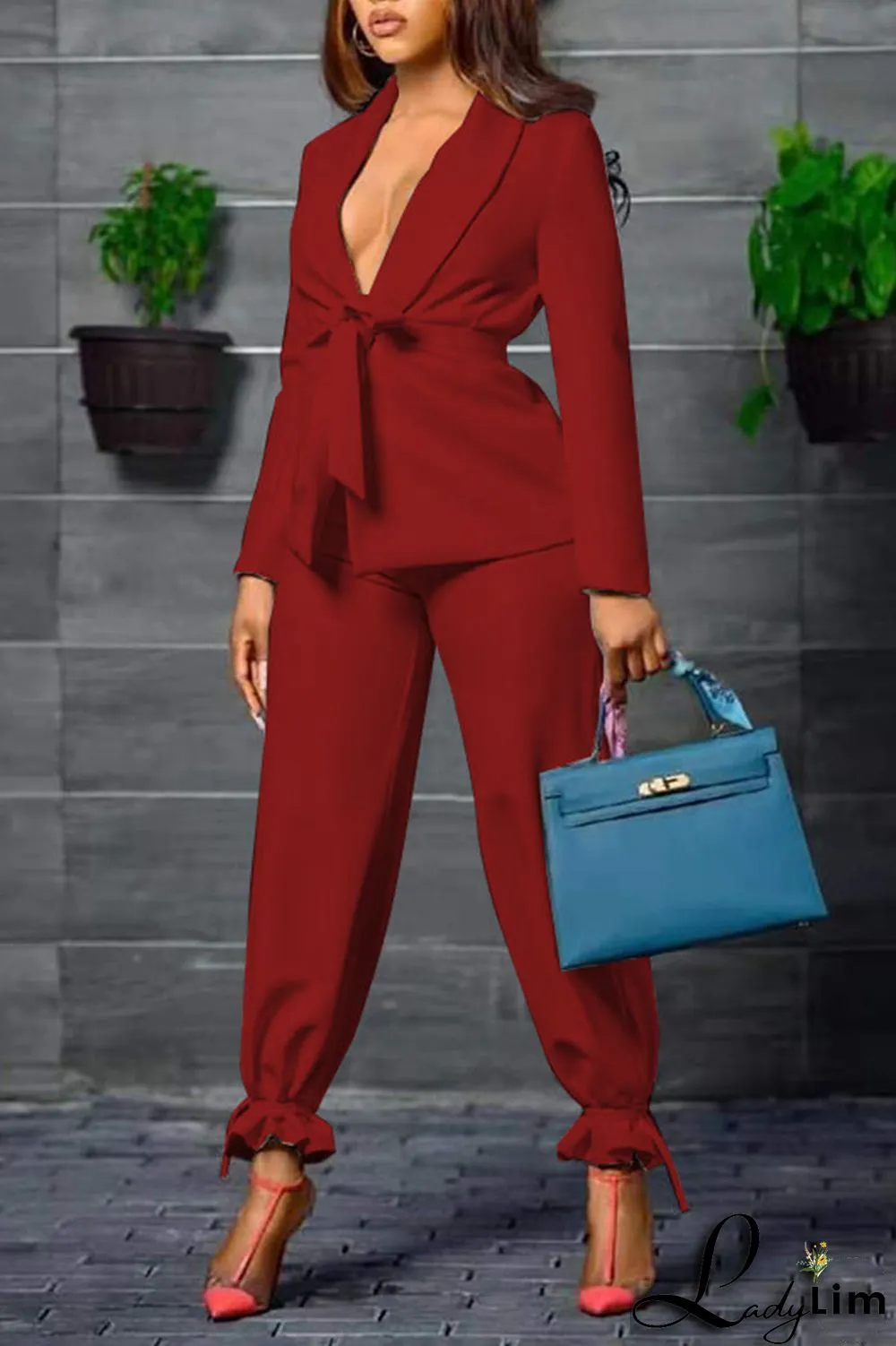 Brown Red Casual Work Solid Patchwork Turn-back Collar Long Sleeve Two Pieces(Contain The Belt)