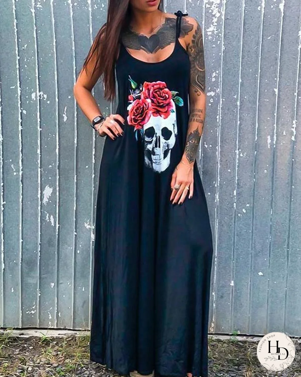 Skull Print Spaghetti-Strap Sexy Long Dress