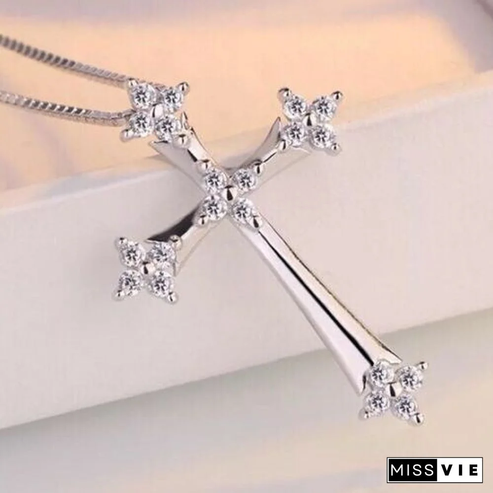 Fashion Cross Crystal Pendant 925 Sterling Silver Chain Necklace Women&rsquo;s Jewelry Luck Necklace Best Gifts