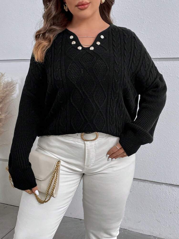 Plus Notched Neckline Drop Shoulder Sweater