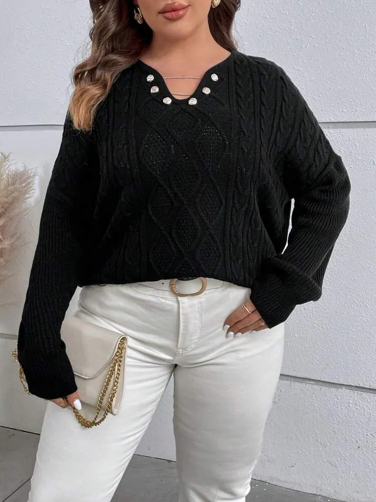Plus Notched Neckline Drop Shoulder Sweater