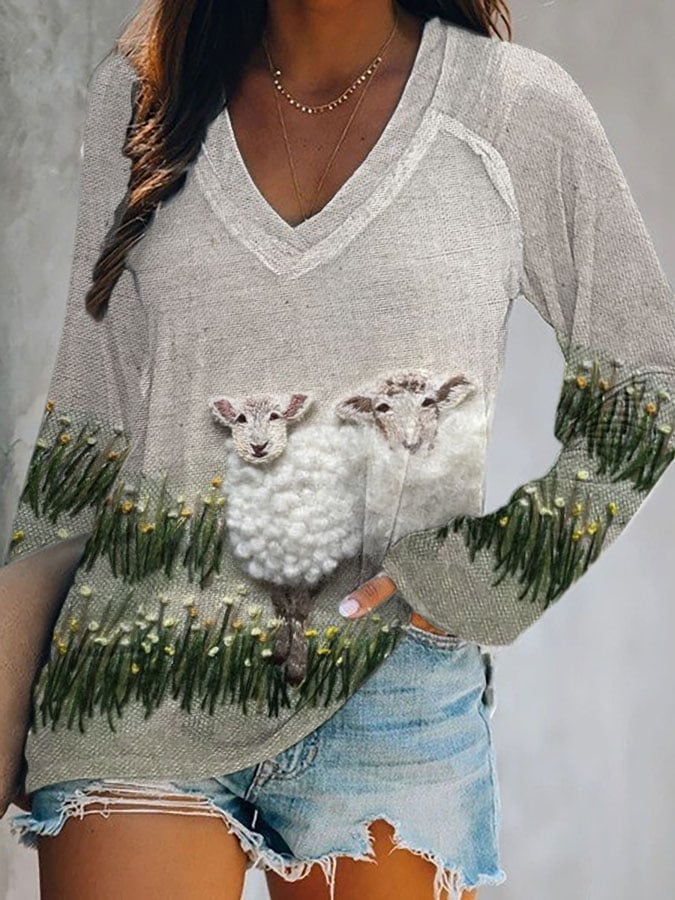 Women's Farm Sheep Print V Neck Top