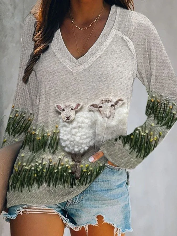 Women's Farm Sheep Print V Neck Top