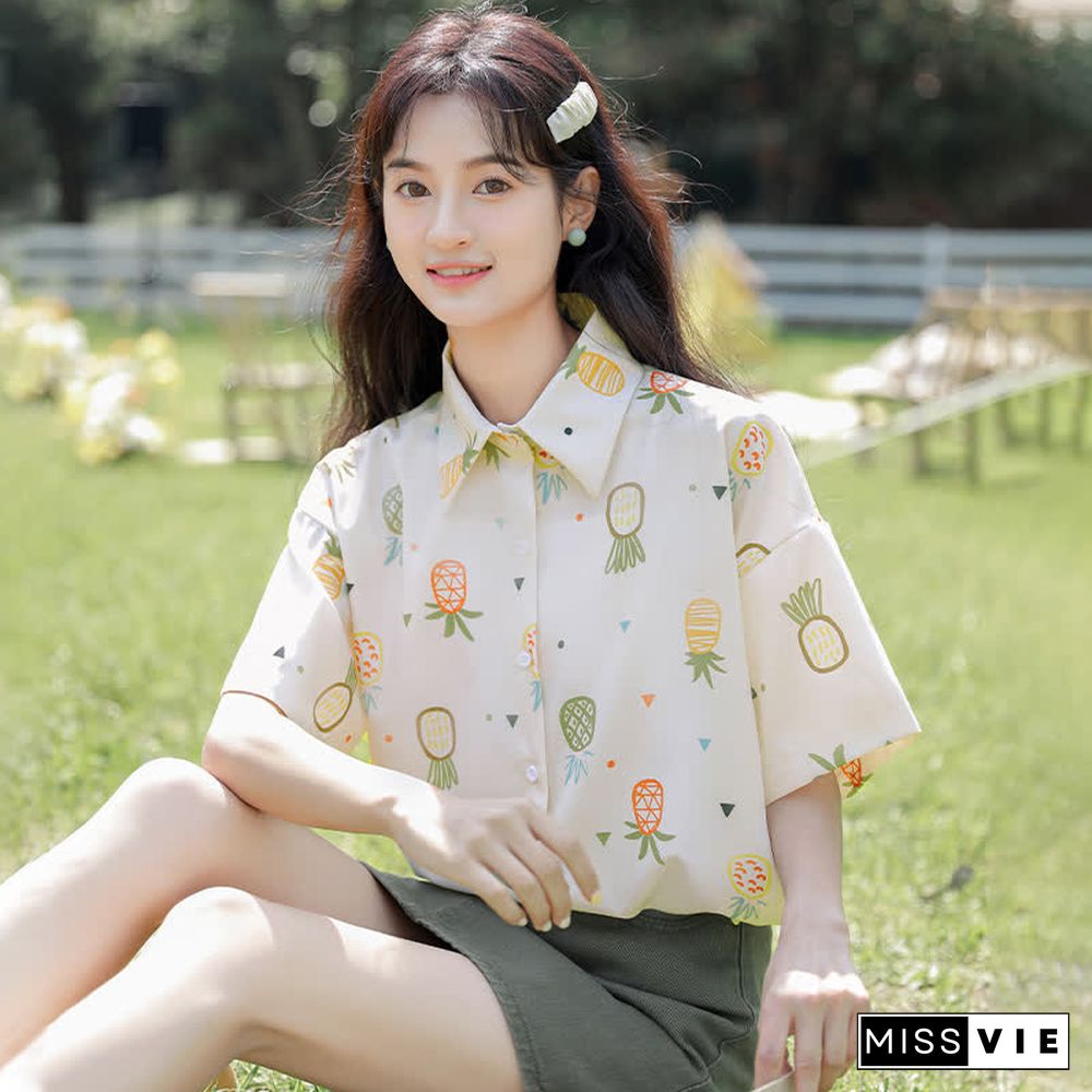 Vintage Pineapple Print Short Sleeve Casual Polo Shirt