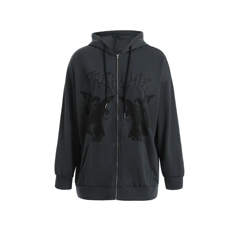 Xingqing Women Full Zip Hoodies Fashion Portrait Print Long Sleeve Loose Sweatshirt Tops Y2K Aesthetic Ladies Clothes Streetwear