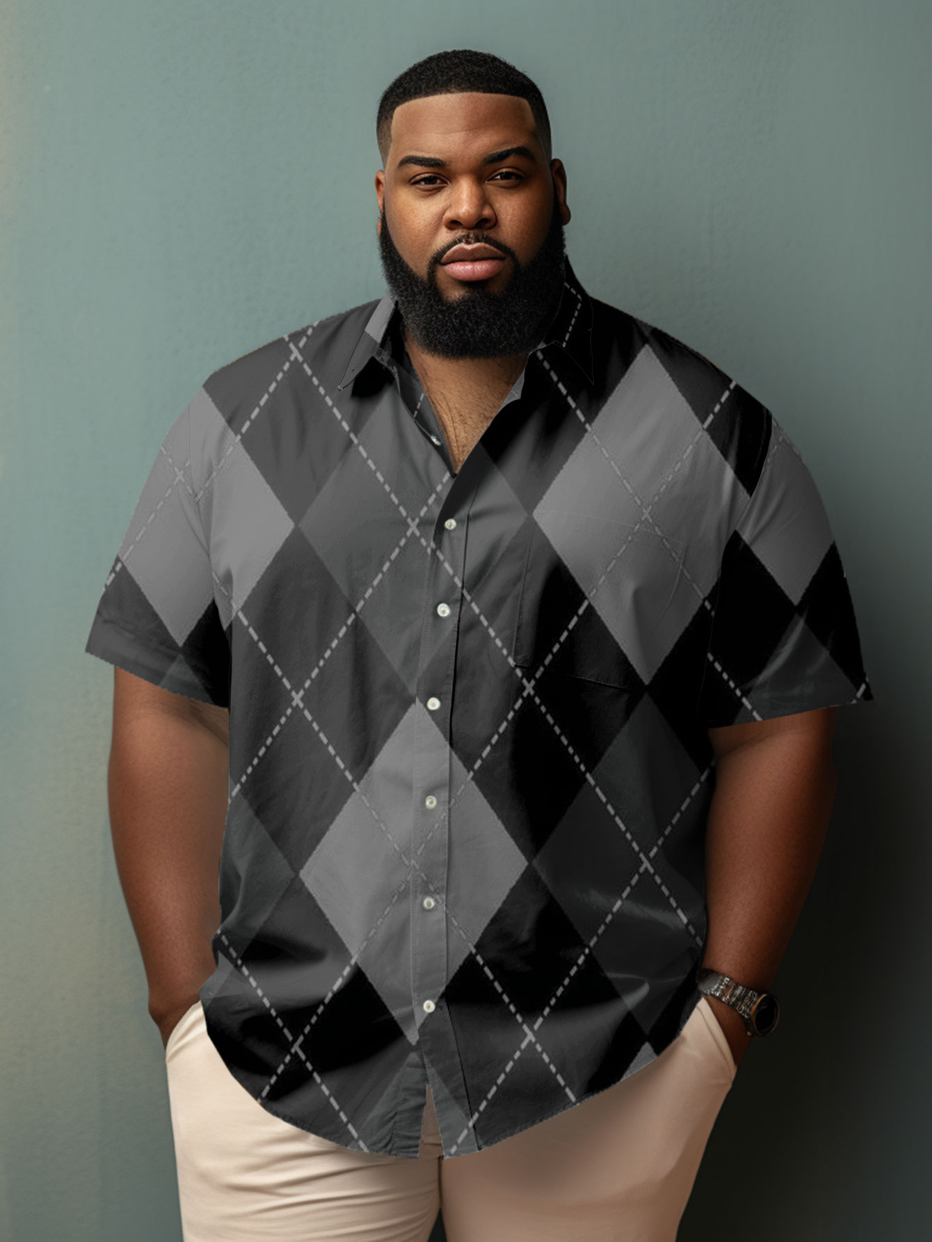 Men's Big and Tall Casual Black Diamond Short Sleeve Shirt