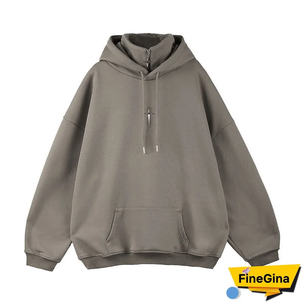 Star Pocket Loose Zipper Turtleneck Hoodie