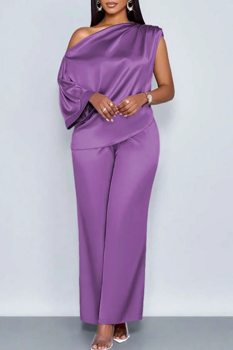Plus Size Business Casual Pink Elegant Oblique Collar Short Sleeve Pocket Satin Two Piece Pant Sets 2024 - Xpluswear