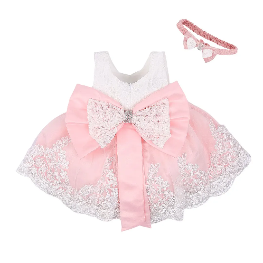 Baby Summer Clothing New Baby Princess Girls Dress Christening Lace Wedding Party Kids Formal Clothes+ Headband 0-24M