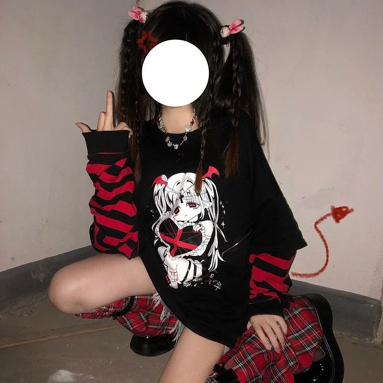 Goth Girl Anime Long Sleeve T-Shirt - Gotamochi Kawaii Shop, Kawaii Clothes