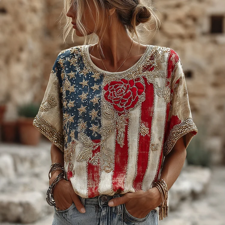 Women's Floral Contrast Embroidered Print Short Sleeves Linen T-shirt