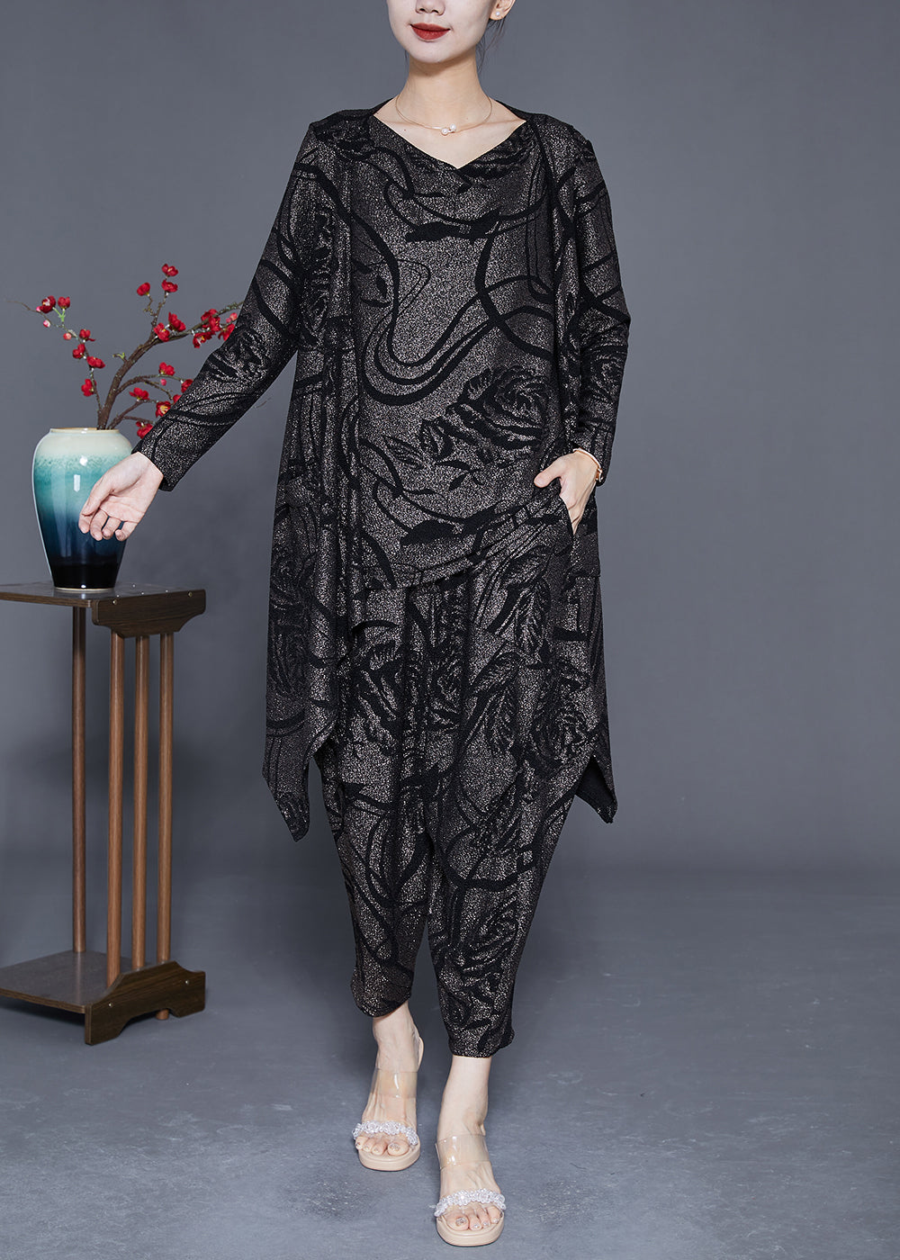 VCSHOES Slash Neck Oversized Print Silk Three Pieces Set Spring