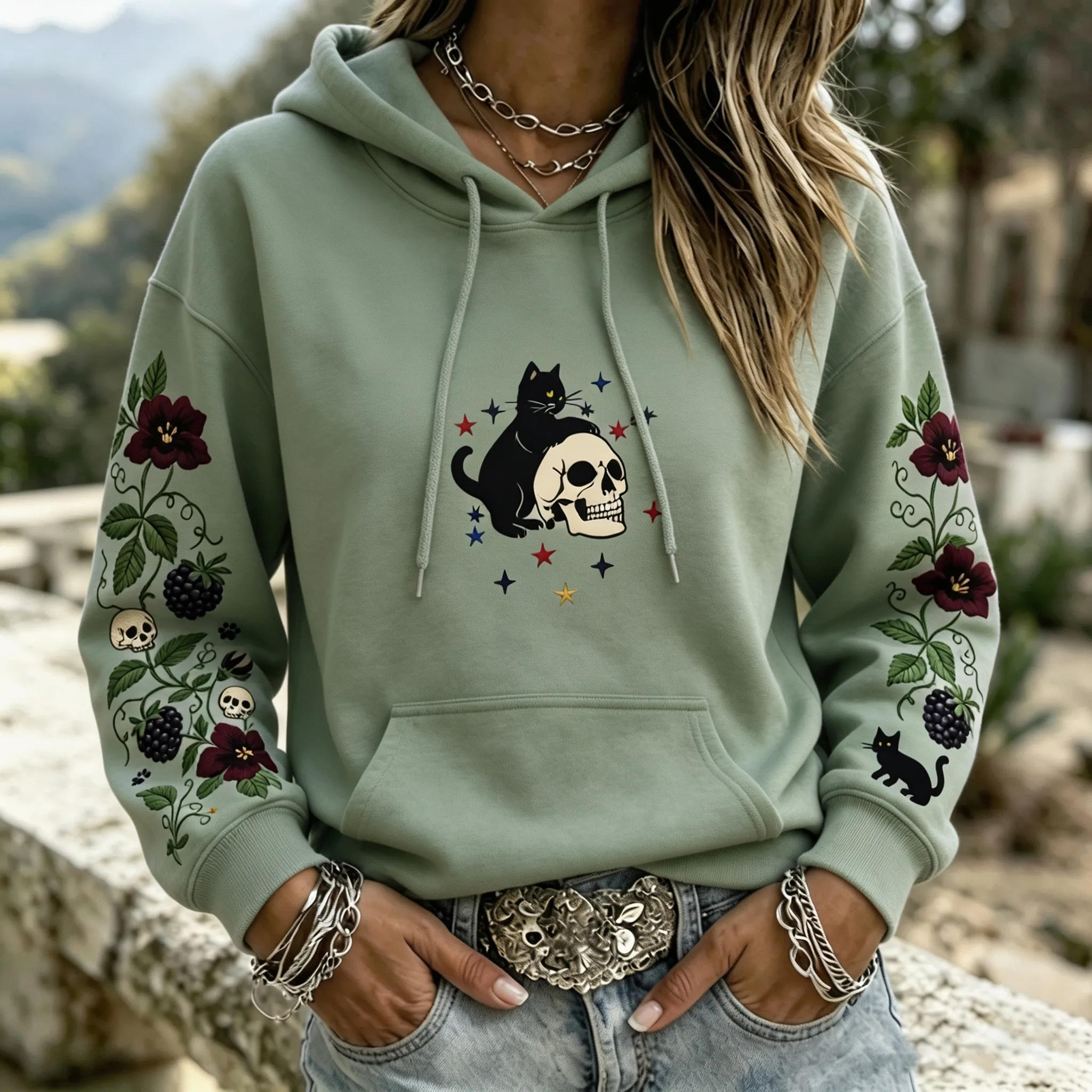 Comstylish Women's Witchy Patriotic Black Cat Skull Floral Graphic Print Hoodie