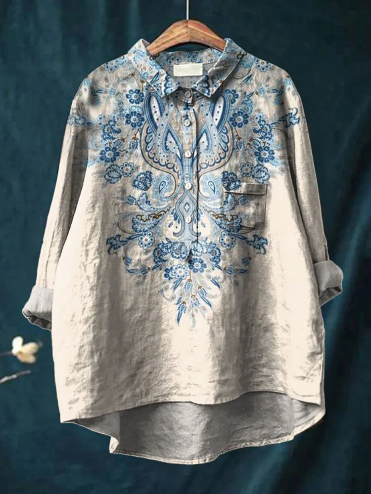 Women's Blue Ethnic Pattern Print Casual Cotton And Linen Shirt