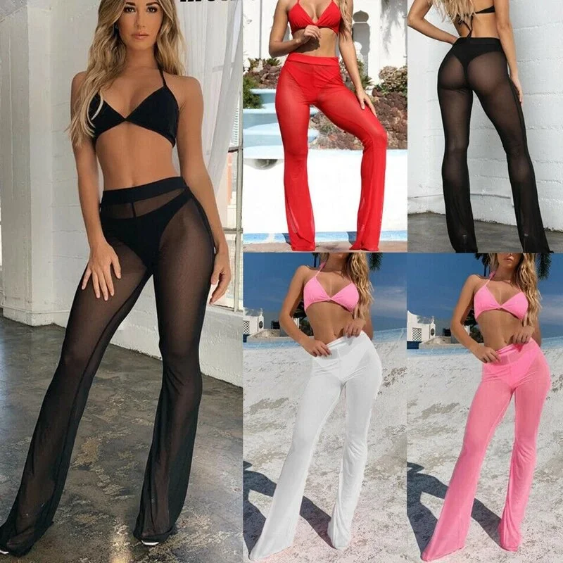 Wongn Sexy Women Beach See-through Mesh High Waist Elastic Sheer Wide Leg Pants Trousers Boho Bikini Cover Up S-XL