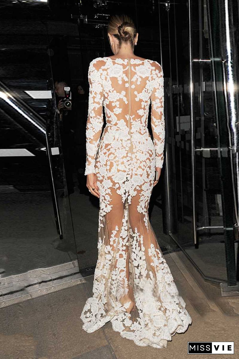 White Lace Embroidered Sheer Mesh Mermaild Formal Gowns Dress