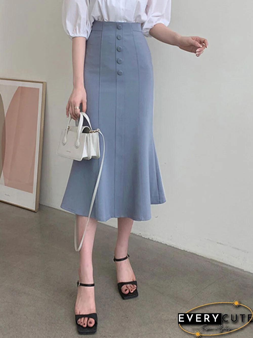 Women High Waist Solid Button Front Mermaid Skirt