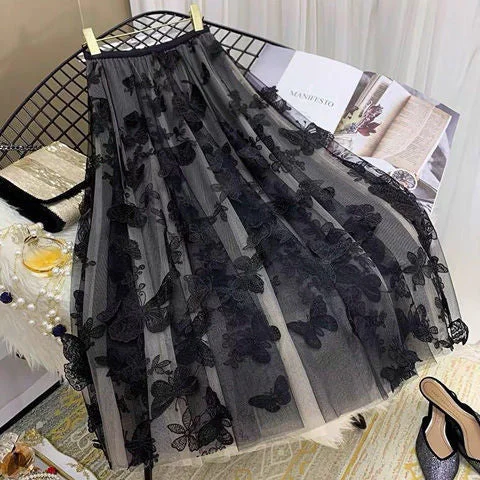 Butterfly Heavy Industry Embroidered Mesh Skirt Women&#39;s Spring/Summer New Long Pleated Skirt A- Line Skirt